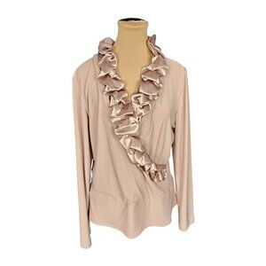 Joseph Ribkoff Light Pink Long Sleeve Satin Ruffle Faux Wrap Top Sz 14
